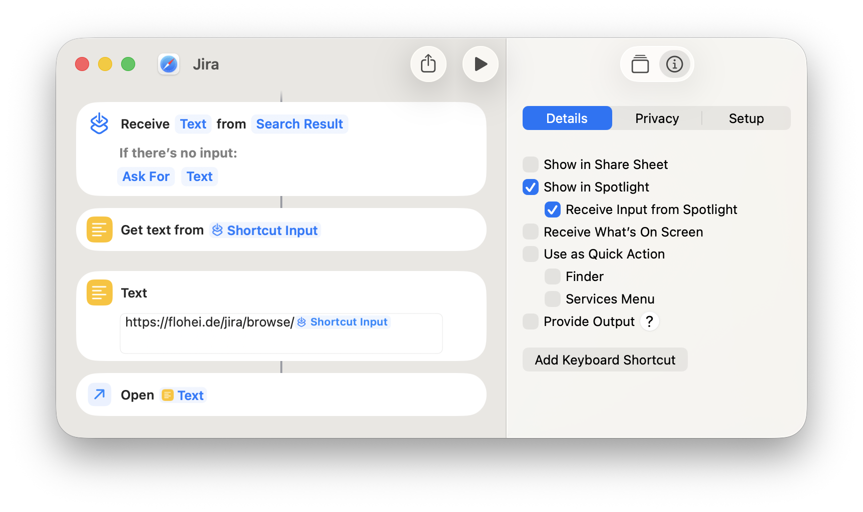 Configuration in Shortcuts.